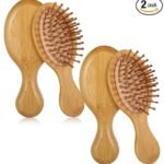 2 Stück Haarbürste Holz, Kleine Haarbürste aus natürlichem Bambus mit kompaktem Design, leichtes Material für sanfte Kopfhautmassage, Reisen, Frauen Männer Kinder und alle Haartypen