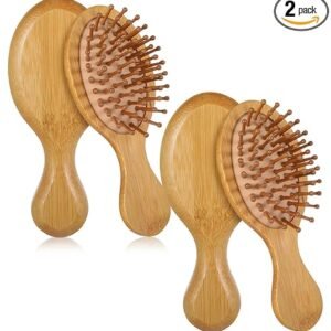 2 Stück Haarbürste Holz, Kleine Haarbürste aus natürlichem Bambus mit kompaktem Design, leichtes Material für sanfte Kopfhautmassage, Reisen, Frauen Männer Kinder und alle Haartypen